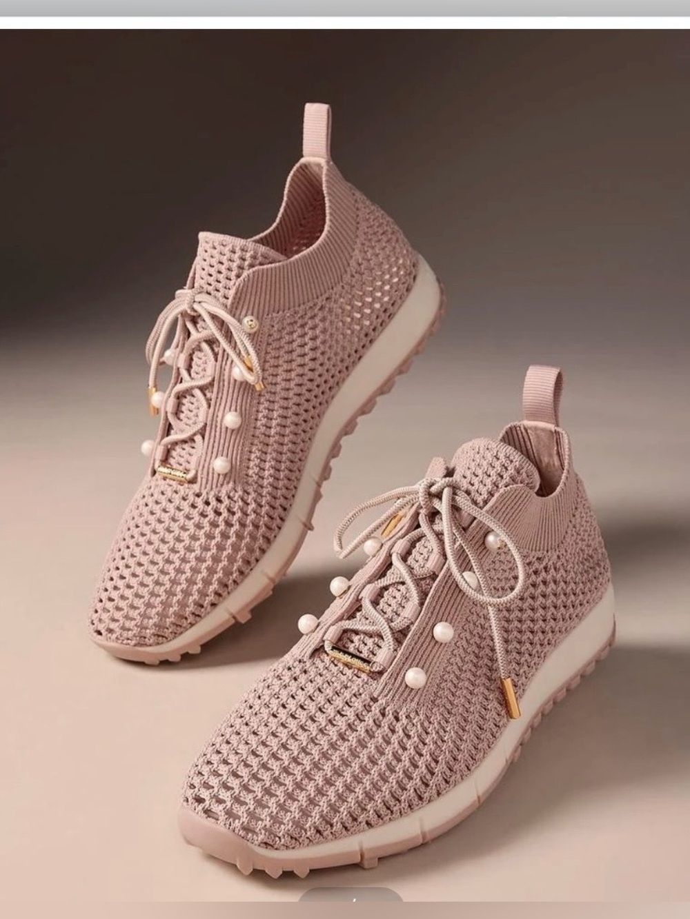 Jimmy Choo
Veles Faux Pearl-Embellished Crocheted Sneakers Sz 6.